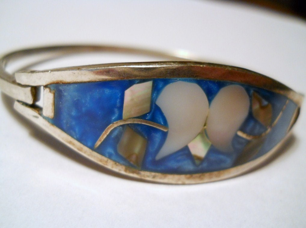 Sterling Silver Turquoise Mother of Pearl Southwestern Blue Bracelet