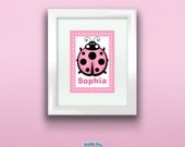 Personalized Pink Ladybug, Customize with Name, Wall Art Print for Nursery or Kids Room, 5x7