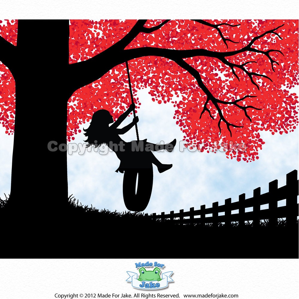 Tire Swing Girl silhouette  red tree - nursery or child room wall art print - 8x10