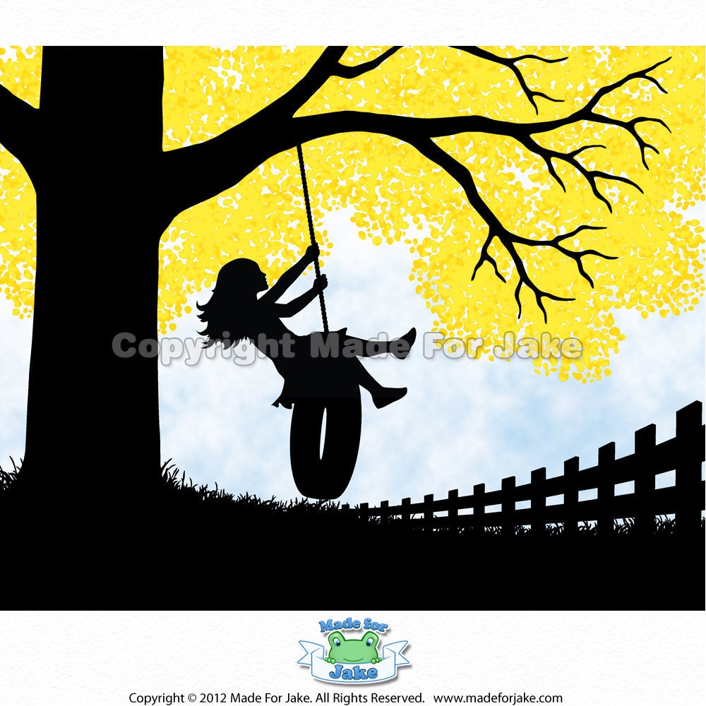 Girl Silhouette on Tire Swing with Yellow Tree - Nursery or Childs Room Wall Art  - 8x10 Personalized