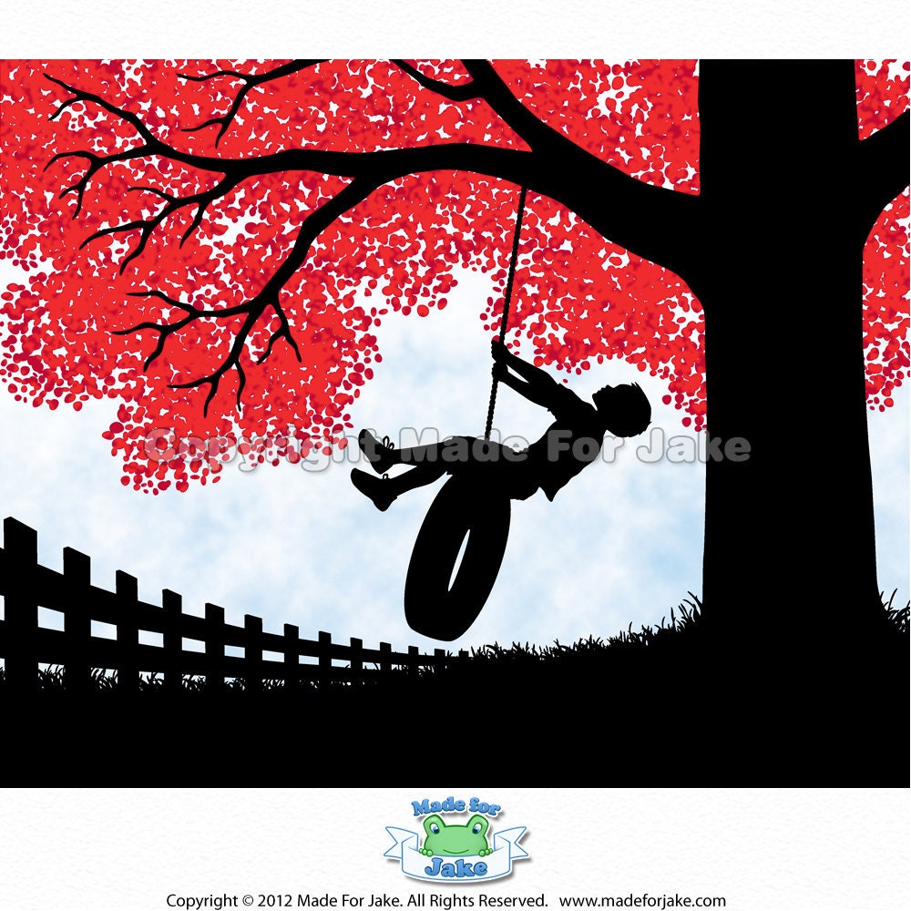 Boy Silhouette on Tire Swing with Red Tree Nursery Childs Room Wall Art 8x10