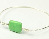 Silver Bangle Bracelet- Rectangle Spearmint Green Gemstone Bead and Sterling Silver Filled Wire- Custom Made to Size