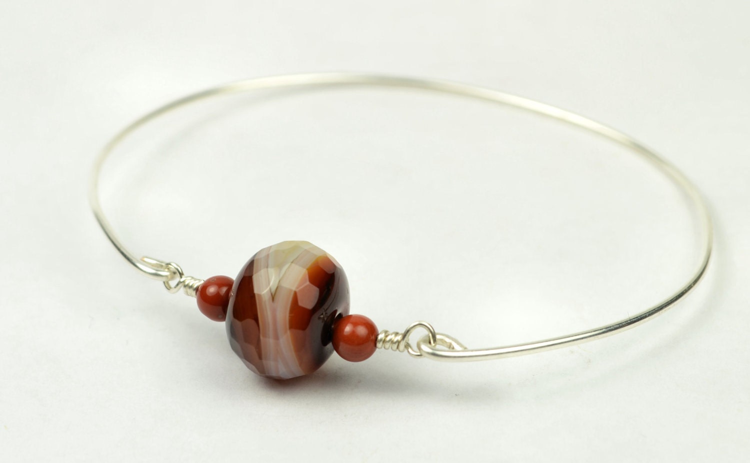 Silver Bangle Bracelet- Red and Cream Faceted Gemstone Bead and Sterling Silver Filled Wire- Custom Made to Size