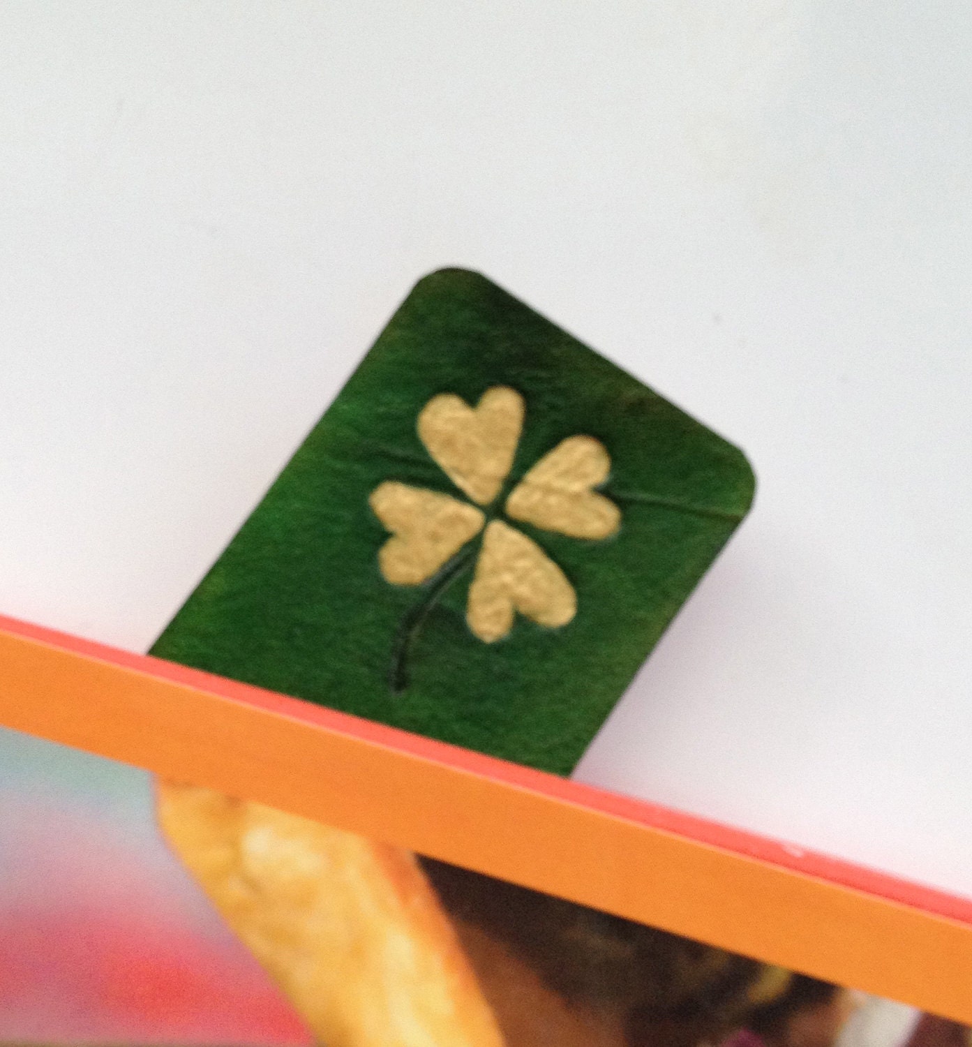 Leather Shamrock/Four Leaf Clover Bookmark in Green and Gold