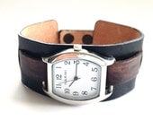 Leather, Two-Tone, Brown and Black Cuff Bracelet Watch - Unisex - Made to Order - Leave Me Your Wrist Size