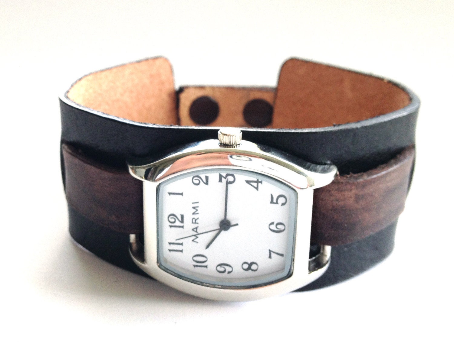 Leather, Two-Tone, Brown and Black Cuff Bracelet Watch - Unisex - Made to Order - Leave Me Your Wrist Size