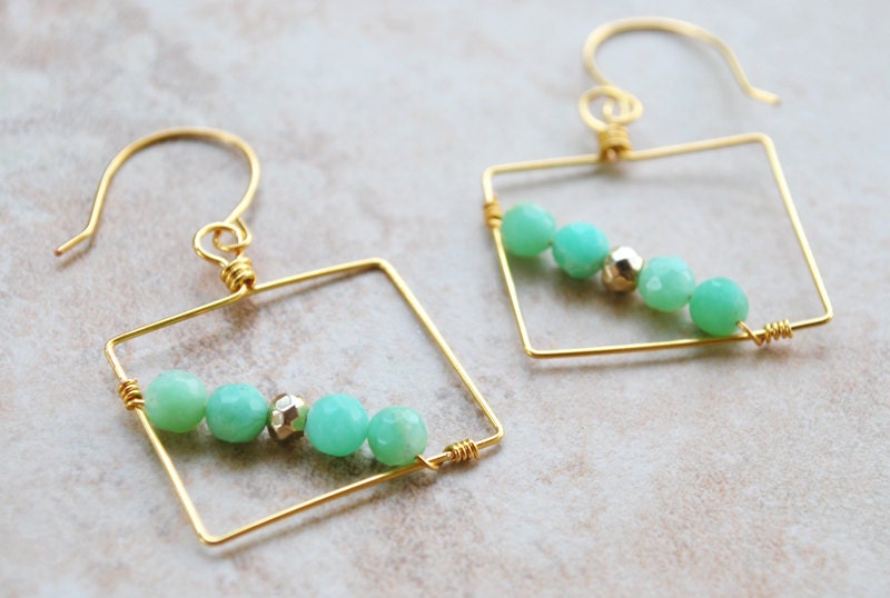 Square earrings (Intersect series) - gold earrings - chrysoprase and pyrite earrings - gold jewelry - Geometric