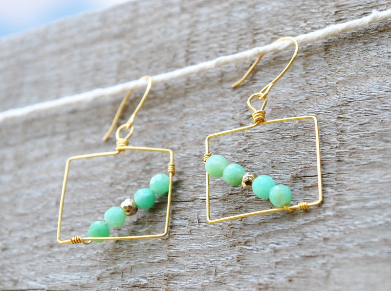Square earrings (Intersect series) - gold earrings - chrysoprase and pyrite earrings - gold jewelry - Geometric