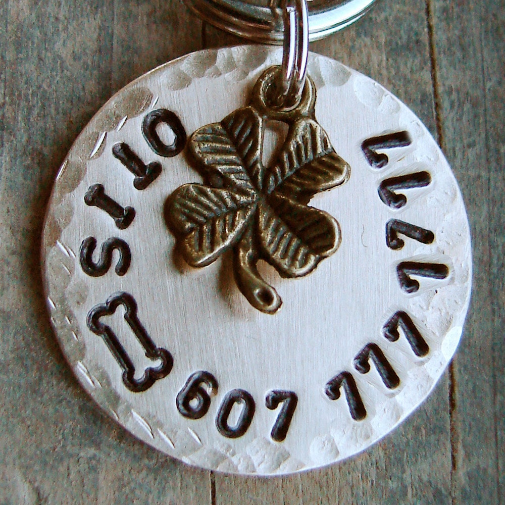 Stamped Pet Tag, Pet ID Tag with Four Leaf Clover and Choice of Stamped Design