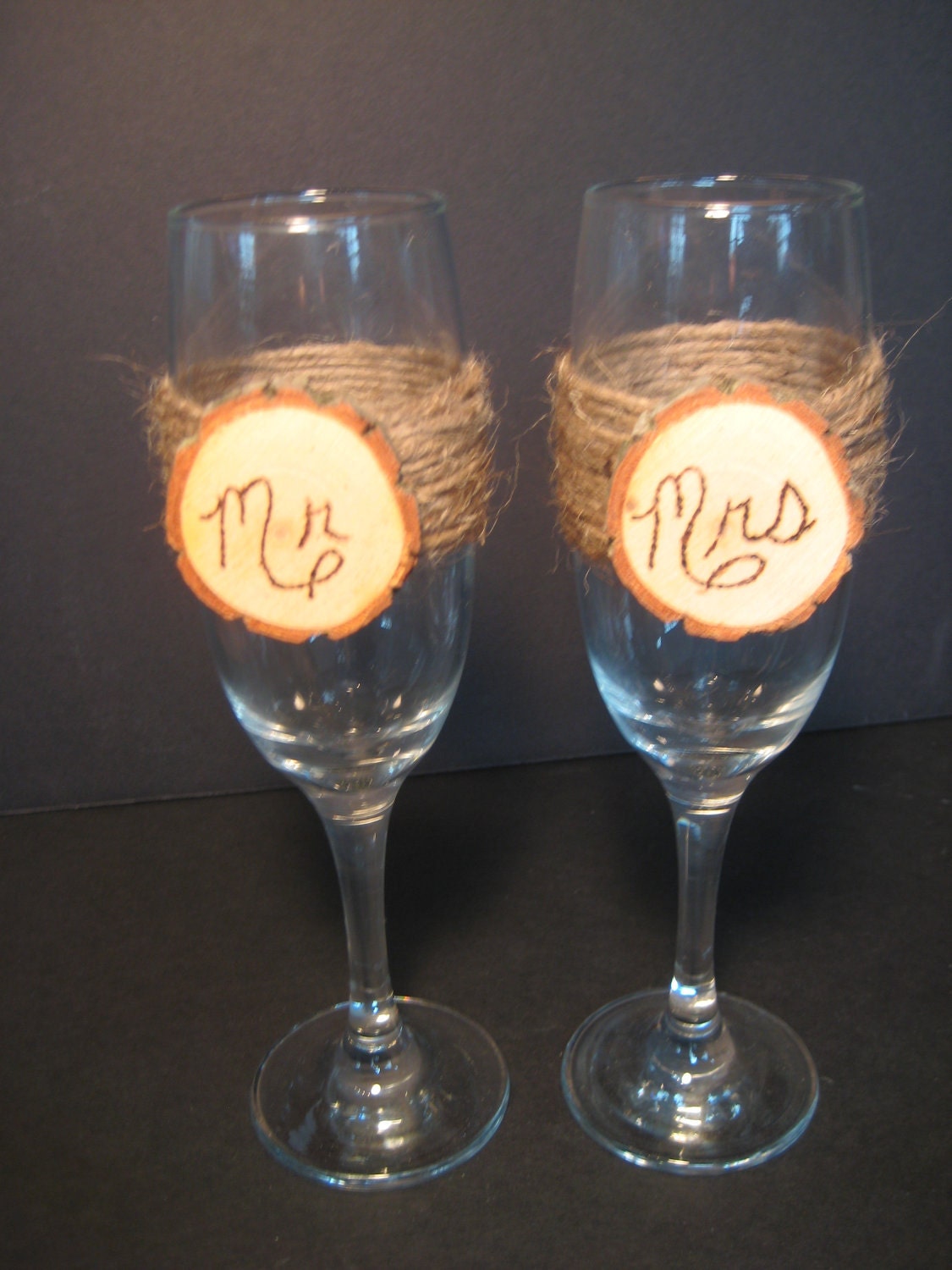 Rustic Wedding Bride and Groom Champagne Glasses Mr and Mrs