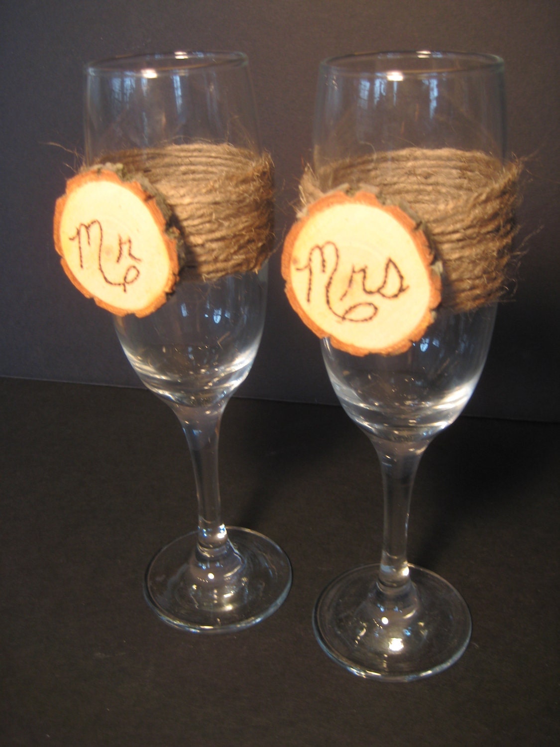 Rustic Wedding Bride and Groom Champagne Glasses Mr and Mrs