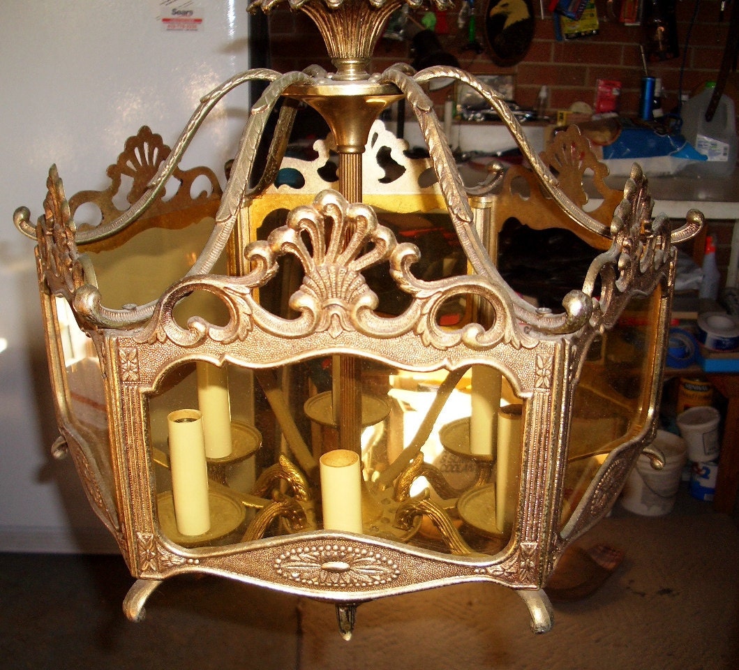 Vintage 1950's Brass Chandelier with Amber Glass Inserts