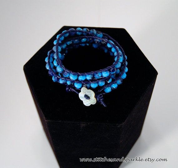 Handmade Blue Czech Glass Bead Triple Wrap Leather Bracelet