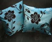 SALE  Silk-look pillow covers blue with brown flowers set of 2
