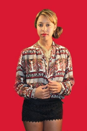 Red and Black Mediterranean long sleeve blouse S to M