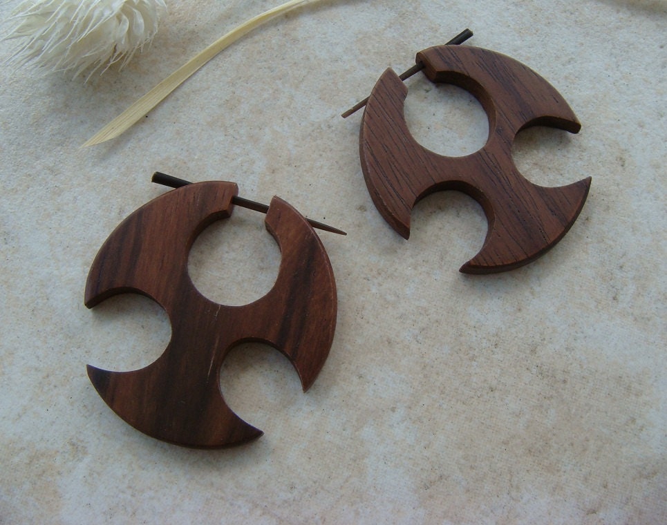 Tribal Wooden Stick Earrings /tribal style earrings salvaged brown wooden hoops