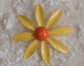 Vintage Retro Mod Enamel Sunflower Daisy Flower Pin Brooch Yellow Orange Power  Sunny Scarf 1960s- 70s
