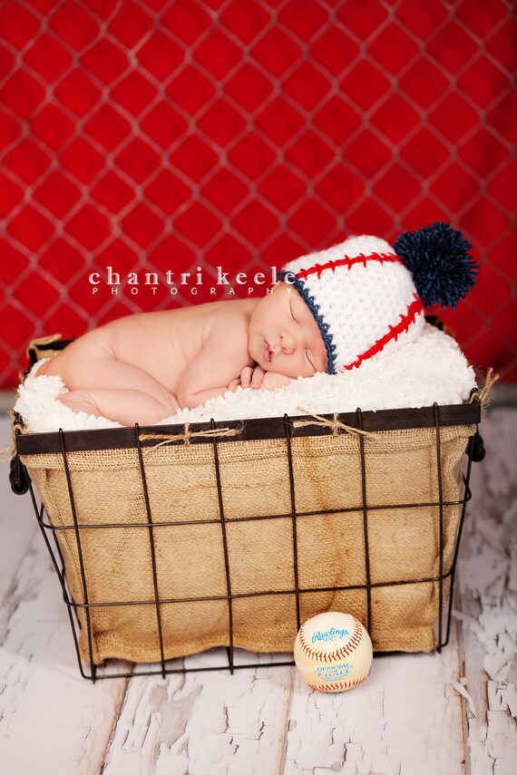 Baby Boy Baseball Beanie with Pom Pom by candiedots on Etsy