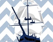 Pirate Ship -Nautical sail boat art print - custom colors- baby boy nursery wall art ocean beach yacht ship chevron