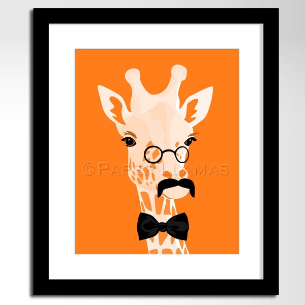 Giraffe art jungle safari animal art print, custom colors, size 8 x 10 kids childrens art animals with mustaches giraffe wall art