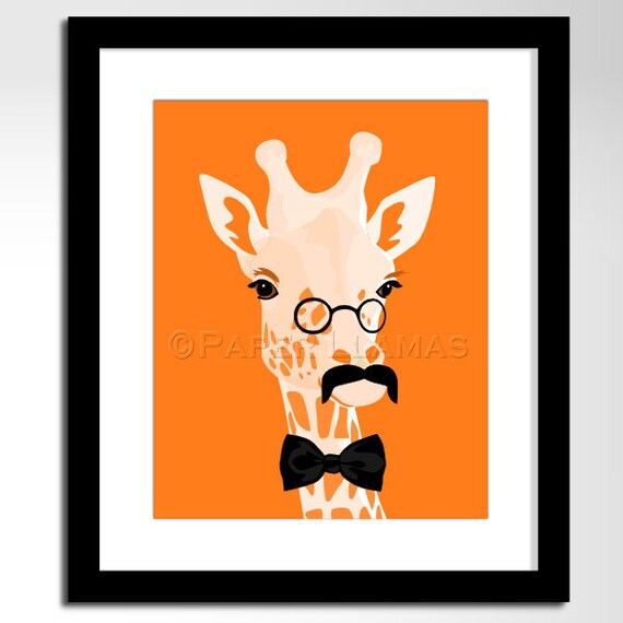 Giraffe art jungle safari animal art print, custom colors, size 8 x 10 kids childrens art animals with mustaches giraffe wall art