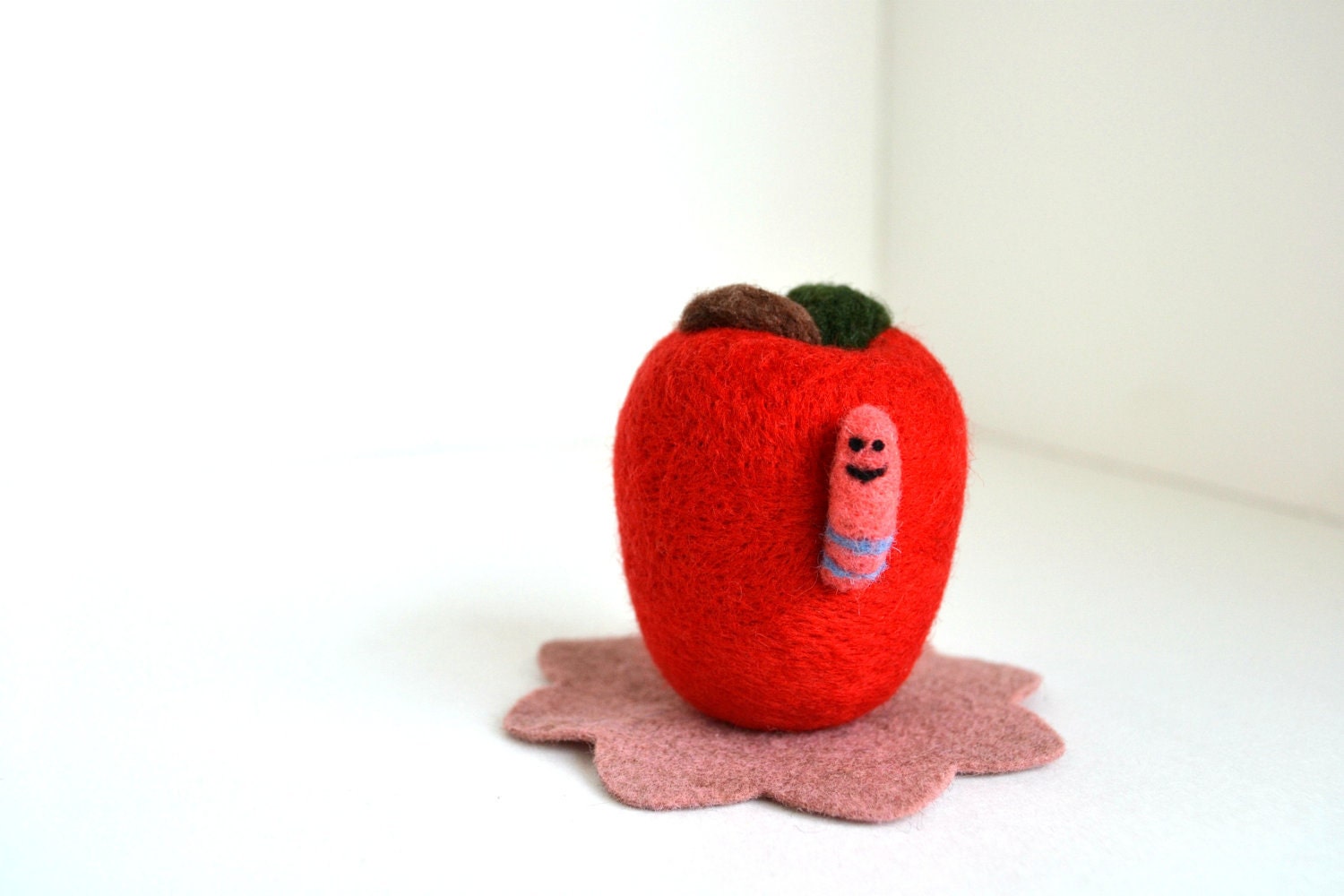 Needle Felted Red Apple with Happy Worm- Natural Toys