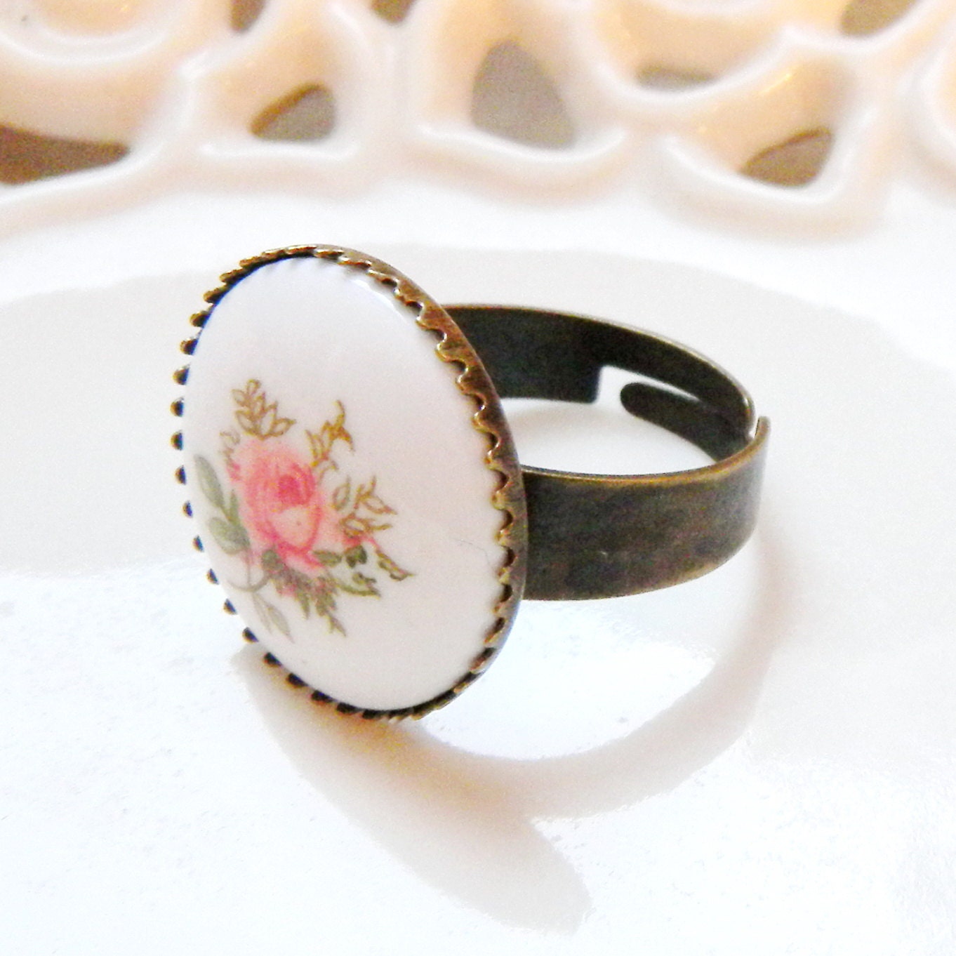 Floral Whimsy - Big Round Vintage Pink Floral Cabochon on Antiqued Brass Adjustable Ring