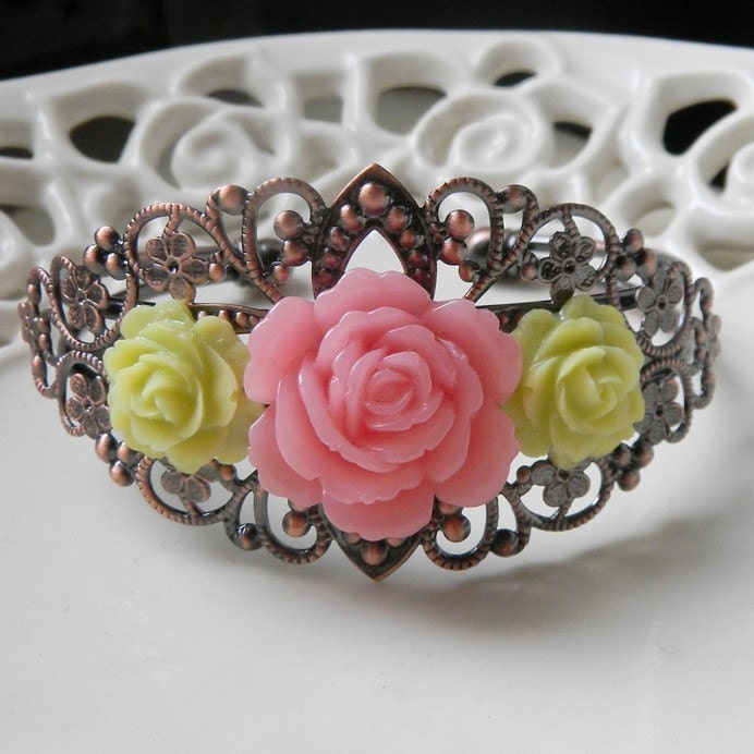 Garden Cuff - Light Pink Large Rose and Small Lime Green Roses on Antiqued Copper Filigree Cuff Bracelet