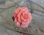 Cosmopolitan Cocktail Ring - Large Coral Pink Ruffle Rose on Antiqued Copper Filigree Adjustable Band