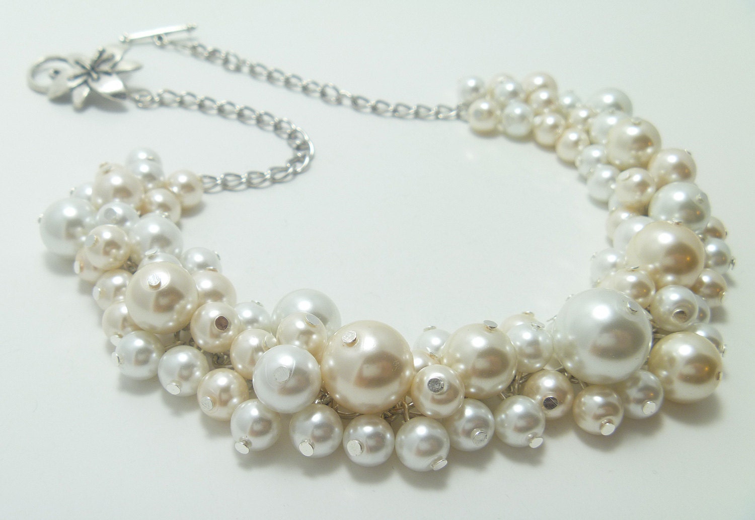 Chunky Pearl Necklace - White and off white/ivory cluster of pearls bridal, wedding, bridesmaids beaded jewelry necklace - Milky Way -