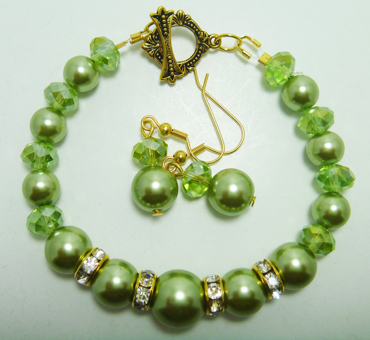 Pearl Bracelet and Earrings - Olive green pearls and crystal spacers wedding, bridesmaids, bridal set - Olive Pair - Custom colors welcome
