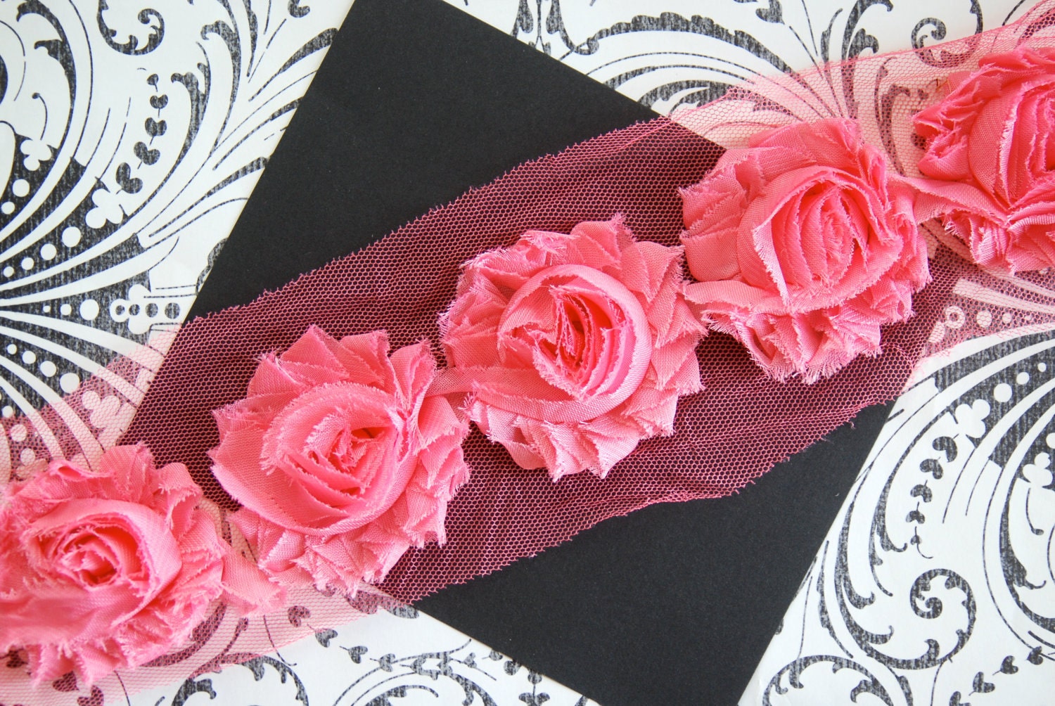 1 Yard Bubble Gum/Coral Pink Chiffon Flower Shabby Rose Trim