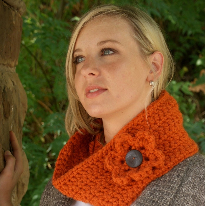 Orange Cowl Scarf with Flower