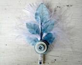 Wedding Boutonniere / Corsage Blue Leaf and White Marabou Feather, Handmade, Feather, Bridal, Groom, Groomsmen