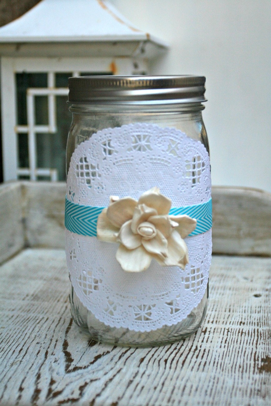 Pretty Aqua Blue Chevron Stripe Ribbon Mason Jar, Paper Doily, Cream / Ivory Sola Gardenia Wedding Decoration, Bridal Centerpiece