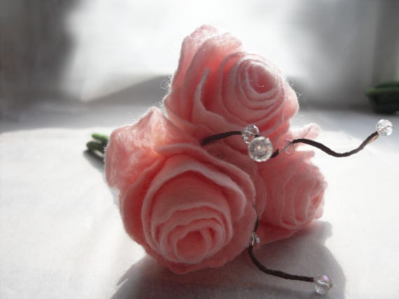 Bridal Bouquets Rose Flower Bouquet Flower Girl Bridesmaid Bouquet choose colour pink and swarovski crystal Felted