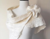 Wedding Shawl Bridal Shawl Bridal Wrap White Ivory Bridal Stole Shrug Scarf Wool and Silk with brooch
