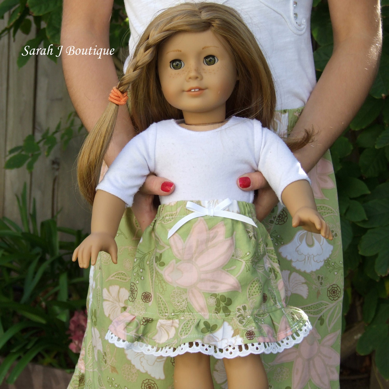 SALE: Made to Match Girl & Doll Skirt / Green Floral White lace / Girl Size 3t and 4T only / Ready To Ship