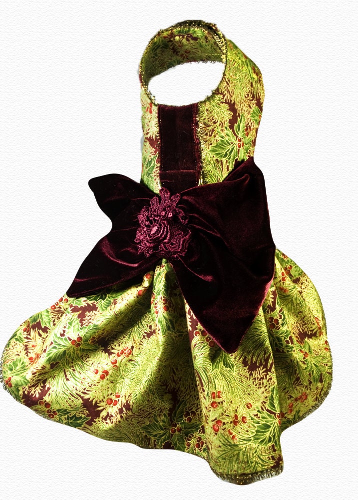 Elegant Lady, Couture  Dog  Dress, Evergreen, Gold, Burgundy Print, Burgundy Velvet Trim