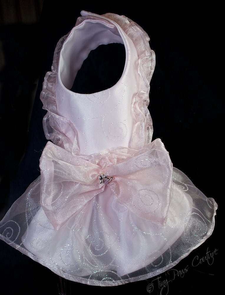 Blush Couture Dog Harness Vest, Pink Organdy, Silver, Satin, Ruffles