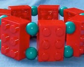 SALE: 2x3 Teal and Red Lego Brick Stretchy Cord Kids Bracelet