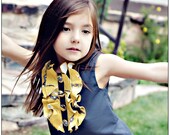 Elegant Gray Dress with Vintage Yellow Ruffles and Fabric Covered Buttons