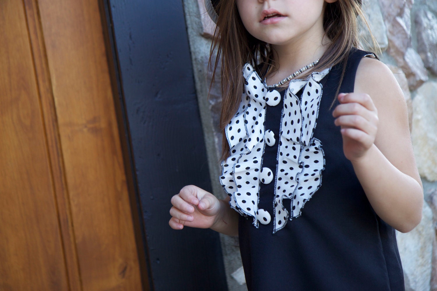Black and White Polka Dot Ruffled Front Dress w/ Fabric Covered Buttons