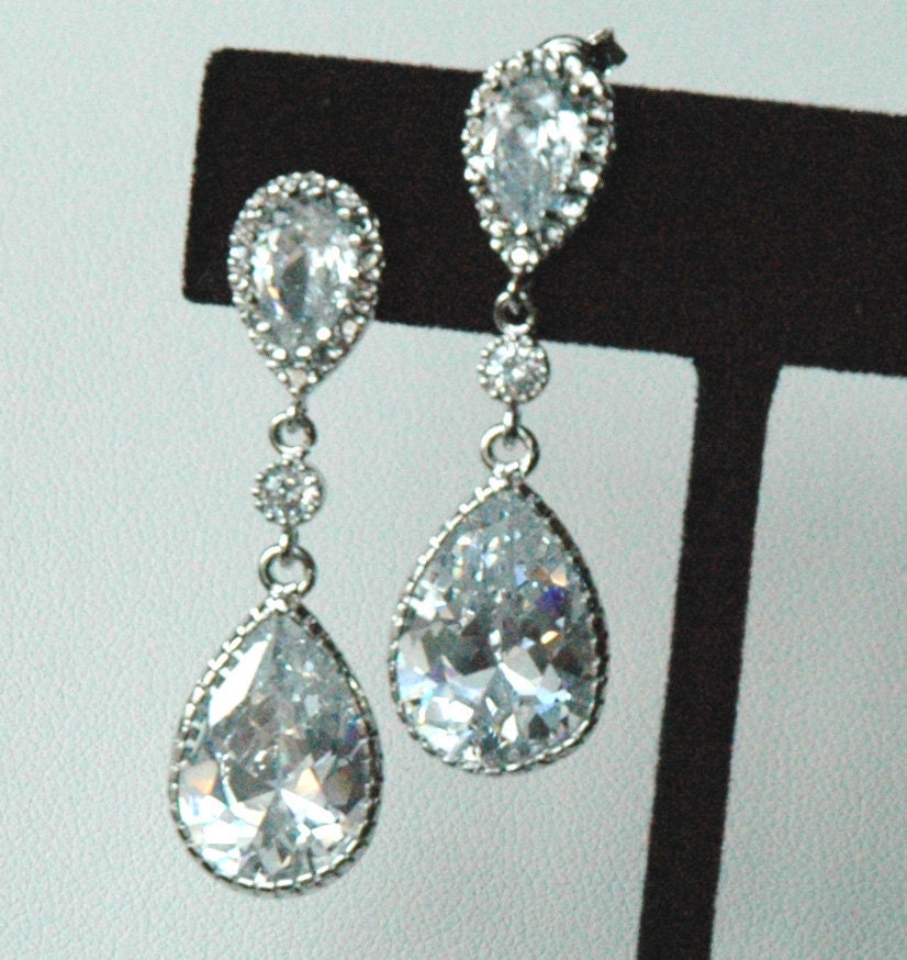 Cubic Zirconia Drop and Round Sterling Silver Post Stud Earrings, Wedding Bride CZ Earrings, Bridesmaids Earrings