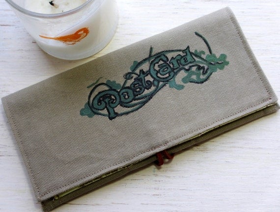 One of a Kind Hand Painted Script and Filigree Limited Edition Journeyers Series Green Duck Cloth Large Wallet and Checkbook Holder