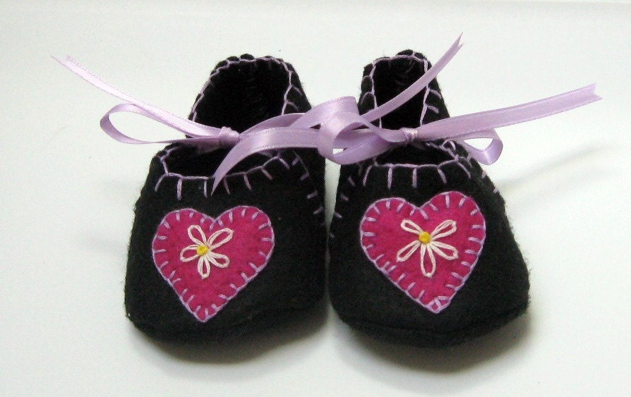 Felt Baby Booties in Black with Pink & Lavender Accents with Heart Flower Applique