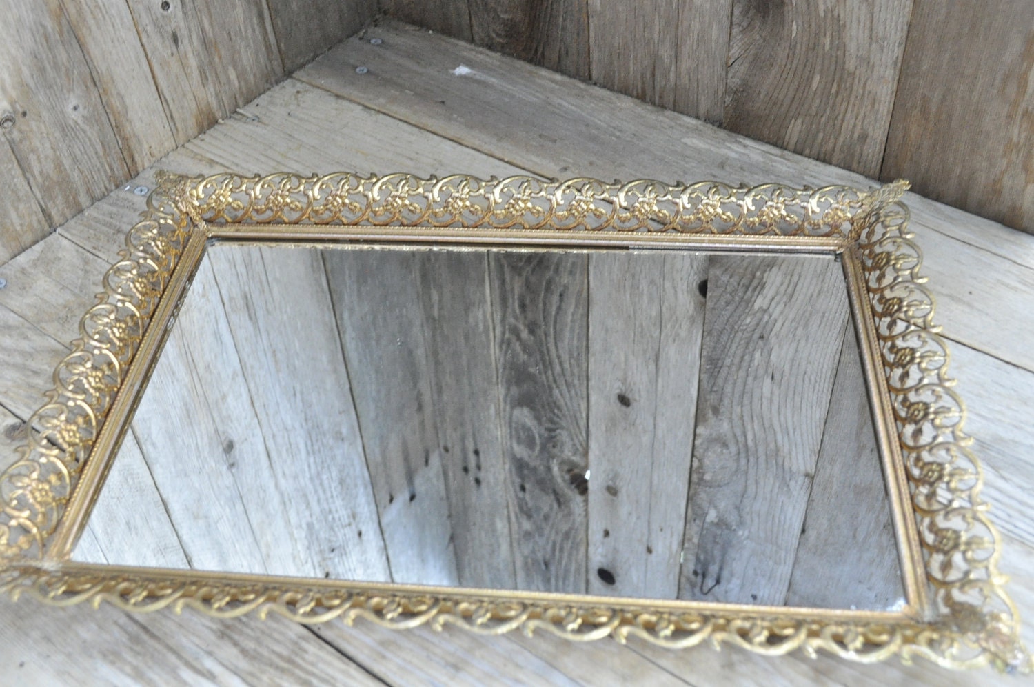 Vintage Chic Mirror Tray for Vanity or Dresser with Gold Finish Frame