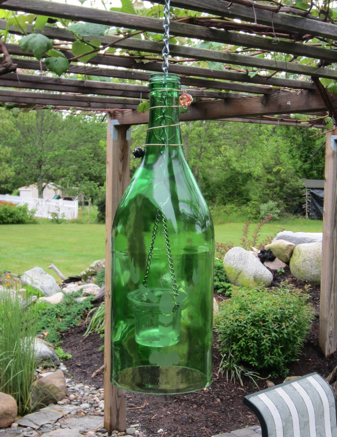 Hanging Seafoam Green Lantern with Etched Lobster