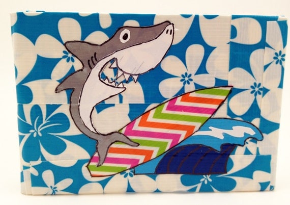 Surfing Shark Sea Turtle Hawaiian Blue Flowers Duct Tape Wallet