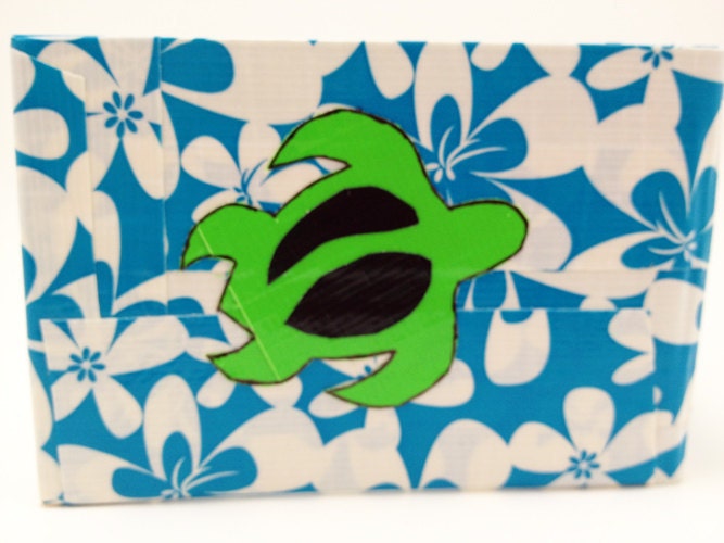 Surfing Shark Sea Turtle Hawaiian Blue Flowers Duct Tape Wallet